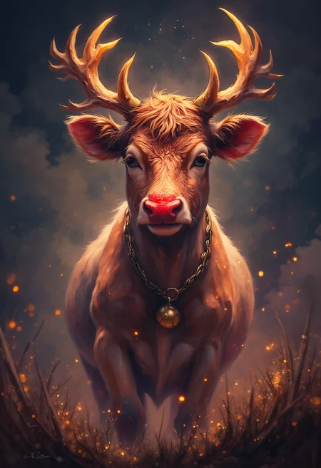 Rudolph the cow with very shining red nose the glows, wearing sleigh bells around it's neck, Farm Land, vibrant glow