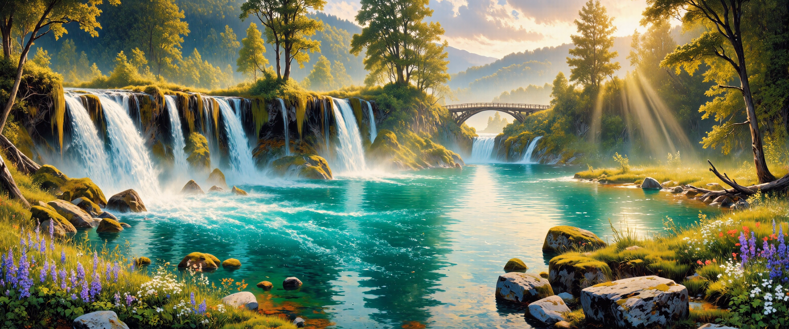 masterful composition, highly detailed, intricate, dappled sunlight, dramatic sky with beautiful clouds,  masterful impressionistic oil painting on canvas, a breathtaking view of plitvice national park in croatia, where cascading waterfalls tumble from moss-covered cliffs into vibrant turquoise lakes, the composition is alive with movement and light, capturing the serene yet dynamic beauty of this natural wonder, lush greenery frames the scene, dense with trees and foliage that shimmer under dappled sunlight filtering through the canopy above, mist rises from the waterfalls, catching the light in a soft, luminous haze, in the foreground, delicate wildflowers in shades of lavender, white, and gold bloom along the banks of the crystal-clear lakes, their reflections dancing on the rippling water, smooth, moss-covered stones line the waters edge, partially submerged, adding depth and texture, the lakes themselves glow with brilliant shades of turquoise and emerald, their surface shifting gently with the current, creating intricate patterns of light and shadow, the waterfalls, painted with expressive, energetic brushstrokes, cascade down in layers, their foamy white waters contrasting with the deep greens of the mossy cliffs, the force of the falling water creates a fine mist that catches the golden light, forming subtle rainbows in the spray, fallen tree trunks, softened by time and water, rest partially submerged near the falls, their weathered textures blending harmoniously with the landscape, in the distance, the scene expands into a network of interconnected lakes, wooden footbridges weave through the landscape, allowing glimpses of the breathtaking scenery from above, the background is filled with rolling forested hills, their outlines softened by atmospheric haze, the sky is a delicate interplay of soft blues and wisps of warm pastel clouds, sunlight filtering through the mist creates a dreamlike, almost ethereal glow over the entire setting, painted in a masterful impressionistic style, the loose, expressive brushwork conveys the energy of the flowing water and the tranquil harmony of nature, volumetric lighting enhances the depth, with beams of sunlight breaking through the trees, casting a golden glow on the landscape, rich, blended colors create a vibrant yet soothing palette, evoking the timeless beauty and serene majesty of plitvice national park, a place of wonder captured in luminous, textured strokes, impressionistic style, oil on canvas, ovg, vibrantlysharp, <lora:style-vibrantly_sharp-v3-flux-by_bra2ha:0.52> <lora:image_enhancer-flux-by_dever:0.8> <lora:style-retro_anime-flux-by_lizardman245:0.16> <lora:style-amazing_scenery-v3-flux-by_marielle:0.56>