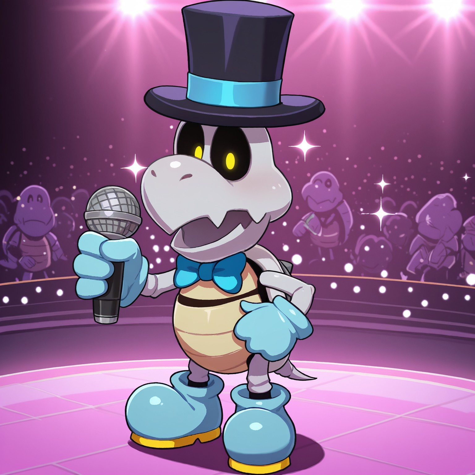 Solo, 2d, 1boy, Drybones, male, skeleton, male, shelled, gray shell, short tail, black sclera, yellow pupils, light blue gloves, light blue shoes,

BREAK top hat, blue bowtie, holding microphone, upper body focus, silly background, smile, one hand on hip, sparkles, happy, standing

BREAK best quality, amazing quality, very aesthetic, absurdres, newest, high quality, masterpiece, 