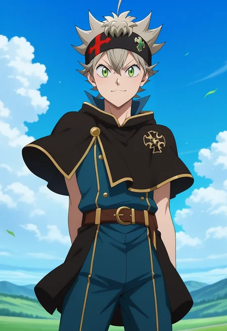 masterpiece, best quality, intricate details, anime screencap, anime coloring, official style, looking at viewer, 1boy, solo, male focus, <lora:asta_black_clover_ilxl:0.9>, asta_black_clover, grey hair, green eyes, short hair, spiked hair, black headband, black capelet, sky carnival, cloud rides, wind swings, misty games, joyful pose, exhilarated expression, bright day,