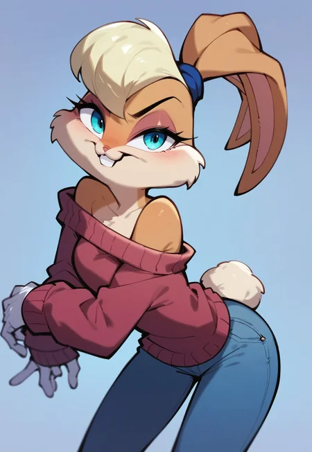 safe_pos, digital_media_(artwork), hi_res, score_9, score_8_up, score_7_up, score_6_up, score_5_up, score_4_up, furry, anthro, 1girl, feminine, female focus, Lola Bunny, mischievous grin, leaning forward playfully, detailed seductive eyes with smoky eyeliner, wild hair blown by a strong breeze, wearing a soft oversized sweater slipping off one shoulder, form-fitting denim jeans, sunset beach setting, waves crashing in the background, golden hour glow highlighting her fur, sand swirling at her feet, hand teasingly placed near her lips, energetic and flirtatious body language, vibrant and warm colors, dynamic ocean breeze, carefree and inviting atmosphere