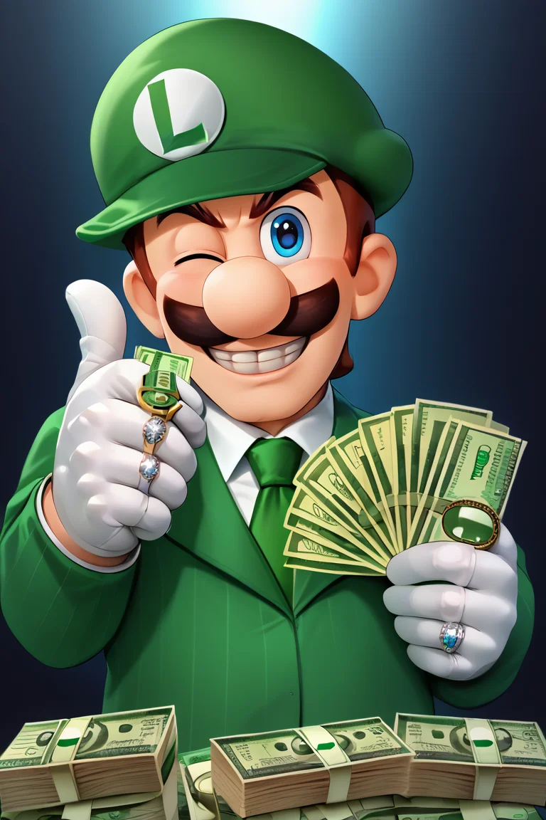 score_9, score_8_up, score_7_up, BREAK,  <lora:gangstersb-guy-PONYv1:1>, gangstersb, thumbs up, one eye closed, grin, smile, money, holding money, portrait, cropped torso, ring, formal, hat, necktie, suit, striped, solo, <lora:Luigi_XLPD:0.9> Incrsluigi, luigi, green headwear, white gloves, 1boy, solo, looking at viewer,