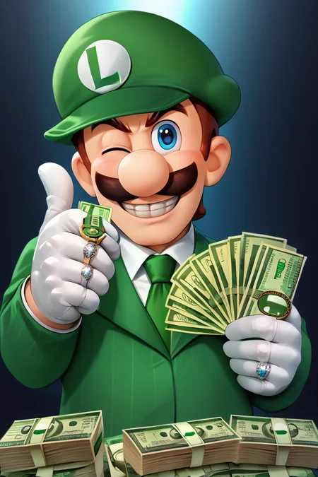 score_9, score_8_up, score_7_up, BREAK,  <lora:gangstersb-guy-PONYv1:1>, gangstersb, thumbs up, one eye closed, grin, smile, money, holding money, portrait, cropped torso, ring, formal, hat, necktie, suit, striped, solo, <lora:Luigi_XLPD:0.9> Incrsluigi, luigi, green headwear, white gloves, 1boy, solo, looking at viewer,