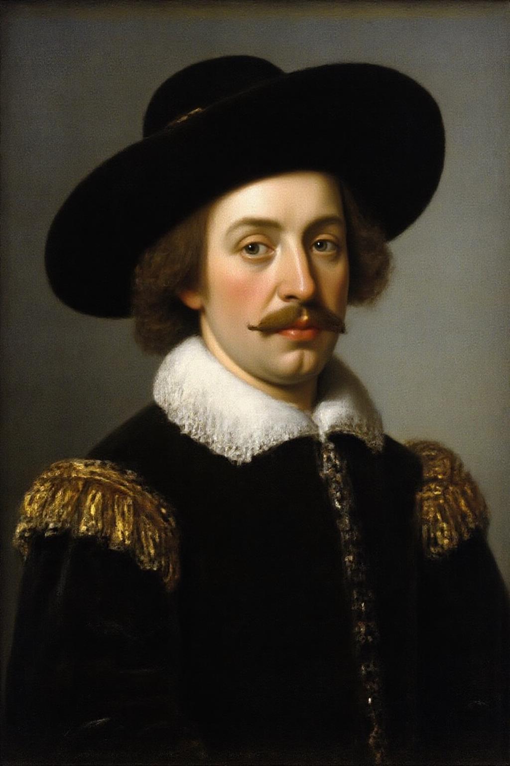janver1 oil painting. A portrait of a man in a black and white dress with a black hat on his head. The man has a red mustache on his chin. His hair is short and brown. His dress is black with a white ruffled collar. His coat is adorned with gold and white designs. The background is a grayish gray color. <lora:janver3_handc_d6a3e13:1.0><lora:806201946273968665:0>
