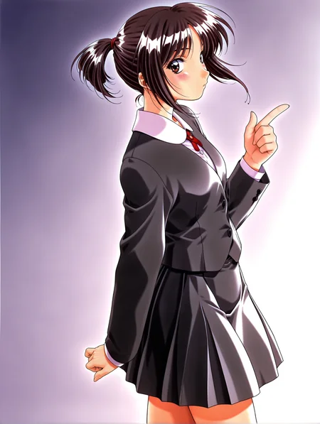 masterpiece,best quality,newest,
1girl,solo,
<lora:morii_kaho_ilxl_v1.0:1>,kaho,black hair,ponytail,brown eyes,k_clothes,jacket,long sleeves,pleated skirt,1990s \(style\),retro artstyle,
<lora:Fixhands_anime_bdsqlsz_V1:1>,full body,
<lora:Fixhands_anime_bdsqlsz_V1:1>,simple_background,white_background,face_focus,light_blush,looking_at_viewer,cowboy_shot,standing,portrait,from behind,from_back,profile,kind_smile,pointing at viewer,