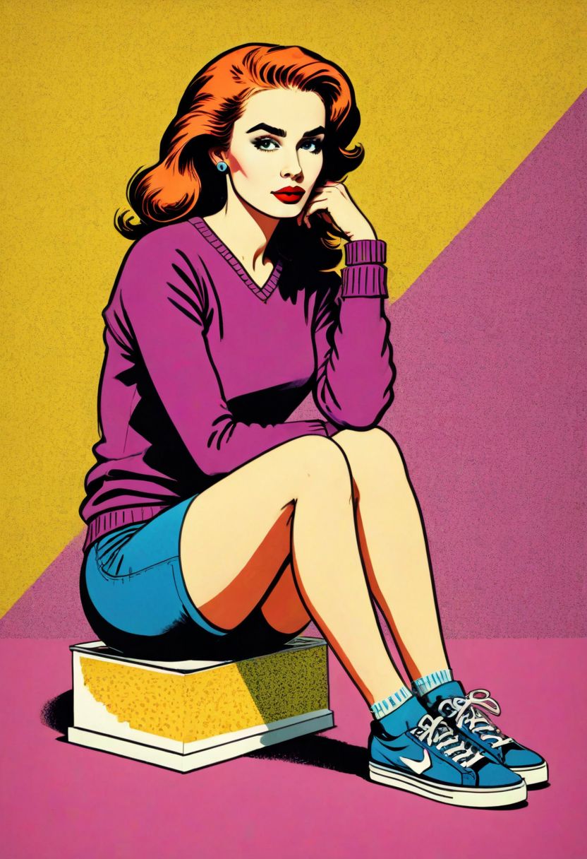 prtxztl, 1girl, can, cleavage, full body, holding, long hair, looking at viewer, purple sweater, shoes, shorts, sitting, sneakers, socks, solo, sweater, v-neck, watch, white footwear, wristwatch, screen printing, halftone printing, contemporary art, modern art, graphic art, commercial art, bold colors, bold lines, comic book style, comic art, advertising art, kitsch, retro style, vibrant colors, flat color, newsprint texture, illustration, art by Andy Warhol and Roy Lichtenstein, retro art style, ligne claire, pop art, vintage advertising poster