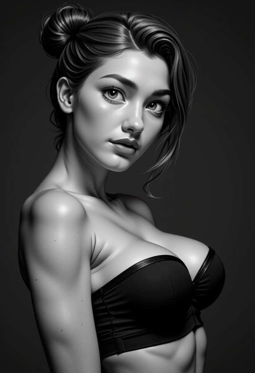 Close-up grayscale portrait of a young woman, likely early twenties.  Subject has light skin, and her hair is styled in two symmetrical, tight buns.  Her expression is proud, with a slight upward tilt of the mouth suggesting a pleasant demeanor.  She is wearing an oversized underboob  tanktop, showcasing her apple-shaped breasts. The pose is a slight bend-backward,  with a focus on showcasing her form. The lighting is dramatic, creating a interplay of  lights and shadows on the subject's face and body, emphasizing her physical form.  The background is a dark, solid gray.  The image has a classic, almost photographic realism style with a slight elegance and an understated charm.  The image's aesthetic style is contemporary realism, high detail, and black and white.  The composition is a close-up, drawing attention to the woman's facial features and body posture. <lora:ULTRA_SKIN_FLUX:1> <lora:breast-size2:-2>