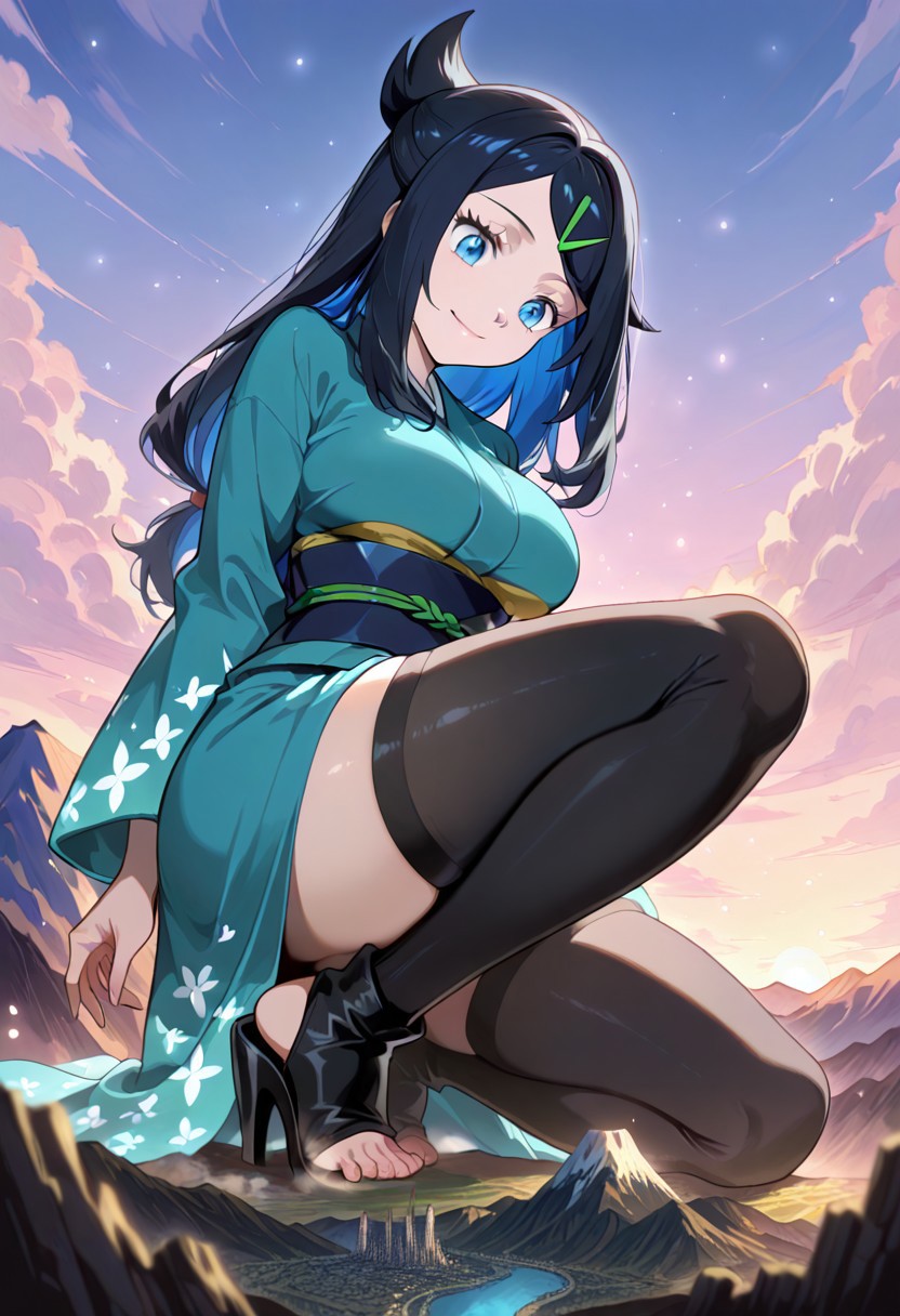 score_9, score_8_up, score_7_up,source_anime, 1girl, adult, women, aaliko, long hair, black hair, colored inner hair, hairclip, blue eyes, kimono, black thighhighs, black high heels, toeless footwear, eyelashes, large breasts, (facial expression, calm, light smile, looking down, head tilt, soft eyes), dreamlike atmosphere, glowing edges, mystical, high contrast, ethereal light, light particles, gl0w, glow, detailed eyes, high definition eyes, blurry foreground, mountain, giantess, tiny people, masterpiece, best quality, absurdres, ultra detailed, side view,