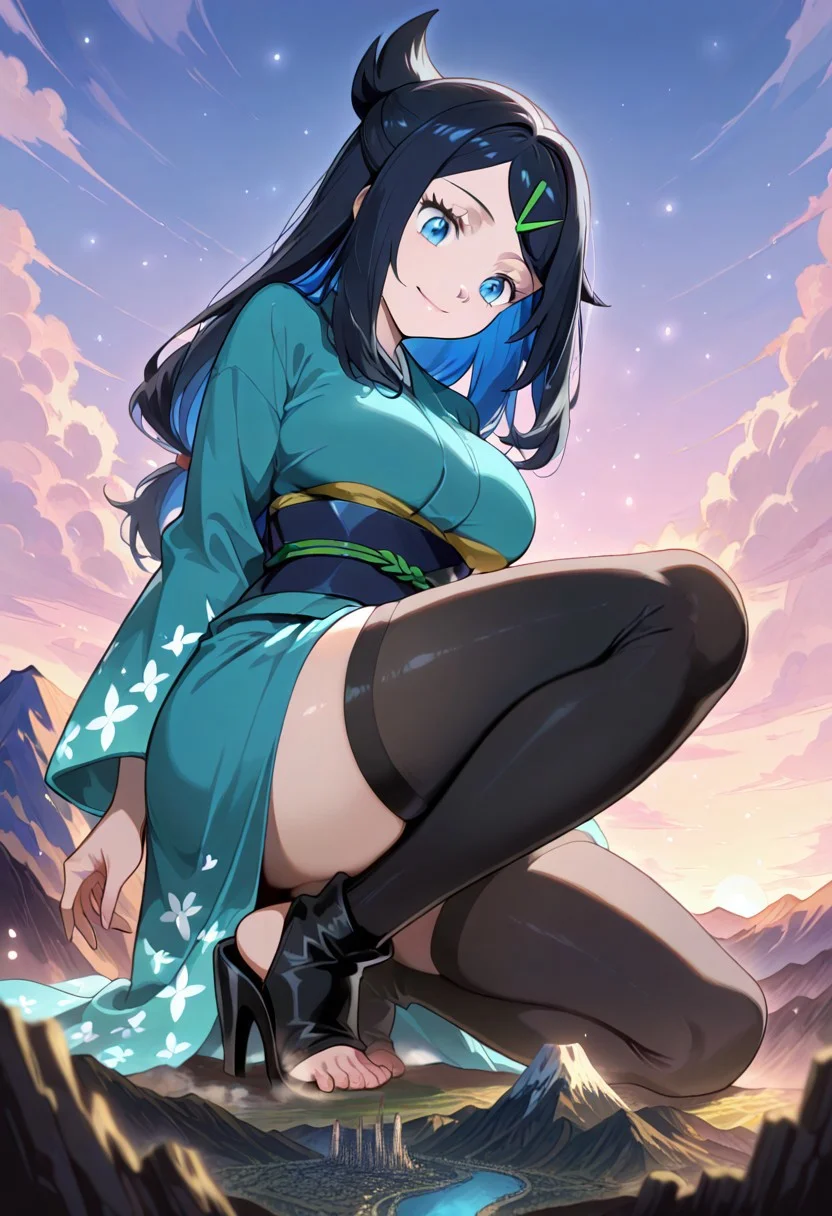score_9, score_8_up, score_7_up,source_anime, 1girl, adult, women, aaliko, long hair, black hair, colored inner hair, hairclip, blue eyes, kimono, black thighhighs, black high heels, toeless footwear, eyelashes, large breasts, (facial expression, calm, light smile, looking down, head tilt, soft eyes), dreamlike atmosphere, glowing edges, mystical, high contrast, ethereal light, light particles, gl0w, glow, detailed eyes, high definition eyes, blurry foreground, mountain, giantess, tiny people, masterpiece, best quality, absurdres, ultra detailed, side view,