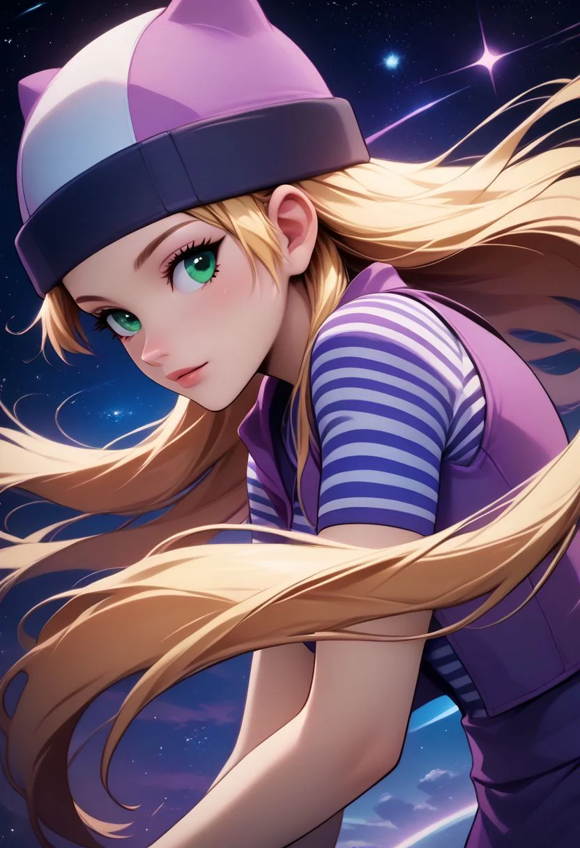 score_9, score_8_up, score_8, medium breasts, (curvy), cute, eyelashes, rating_safe,
BREAK,
zzIzumi, perfect, green eyes, blonde hair, long hair, purple vest, striped shirt, hat,
BREAK,
dynamic angle, stars, floating, colorful, pink, blue eyes, black bow, from side, on back, spaceship, technological,
zPDXL,
