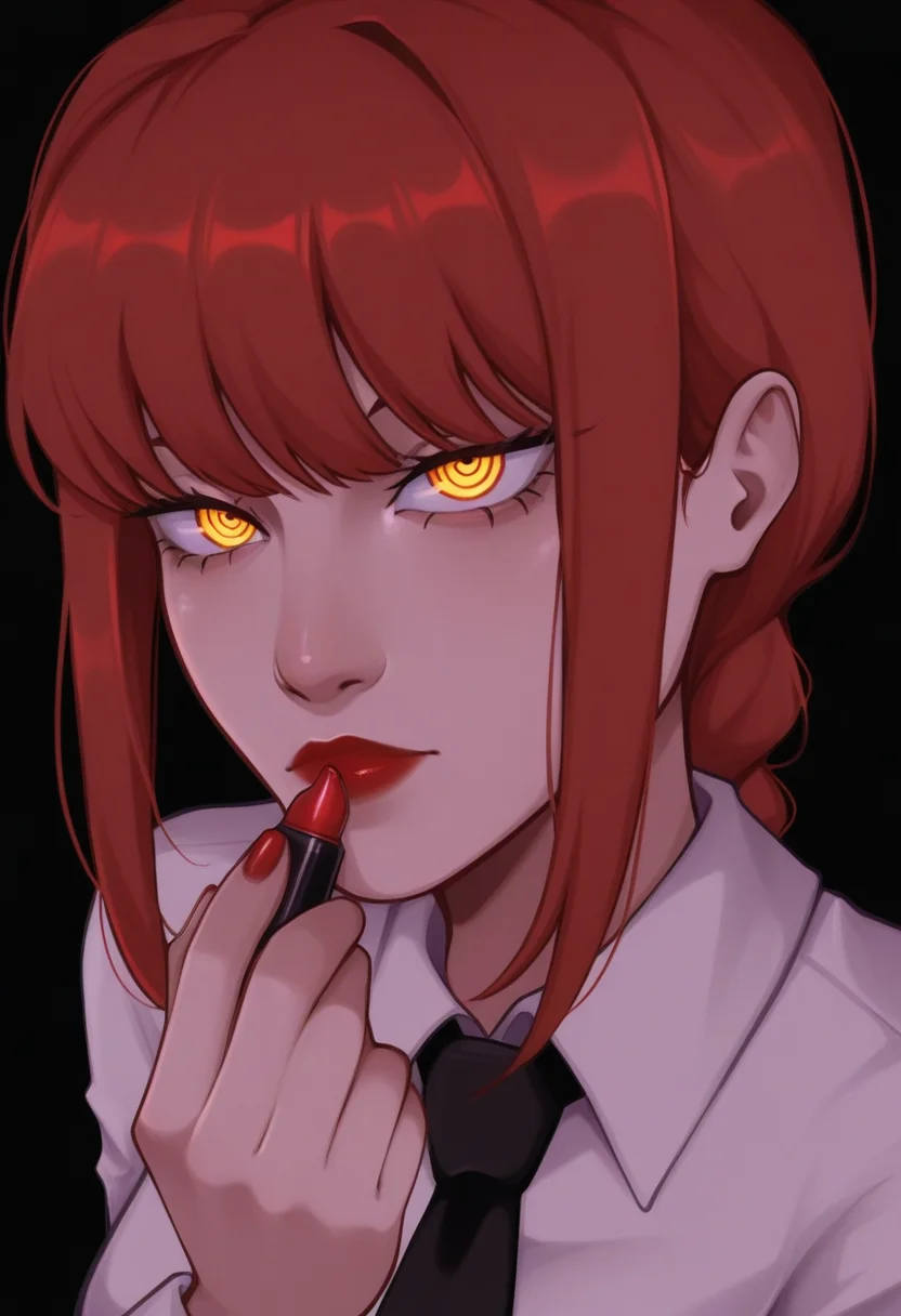 tozierstyle, masterpiece,  best quality, solo,  makima from chainsaw man, red hair, white office shirt, black background, apply lipstick,