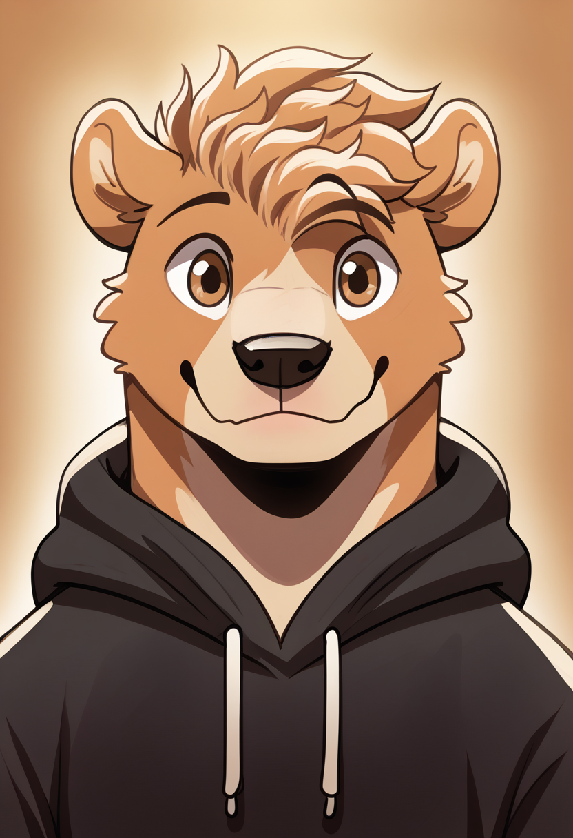 high quality, hires, by braeburned, furry, bear, 1boy, solo, short hair, looking at viewer, hoodie, <lora:Braeburned_style:1.2>
