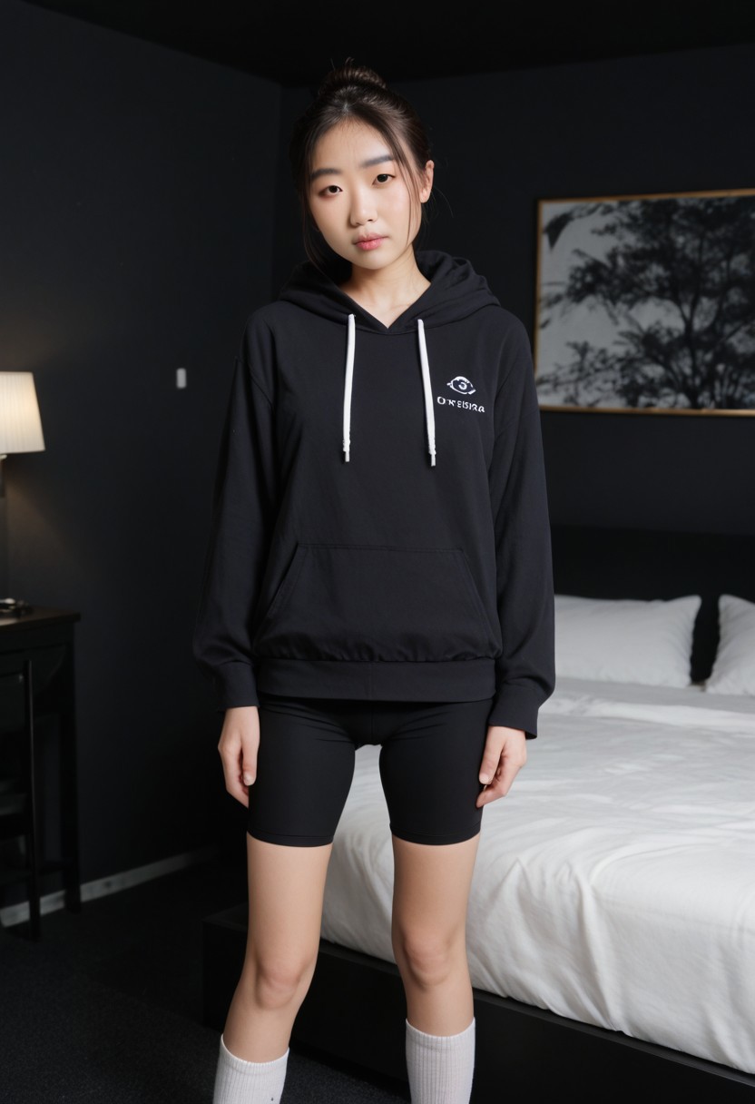 <lora:model_asian_nobody_pxl:1> score_9, score_8_up, score_7_up, score_6_up, score_5_up, score_4_up, realistic, 1girl, looking_at_viewer, pale skin, hair up, standing, petite body, hoodie, bike shorts, white socks, hotel room, dark black room, black walls, indoors, night, standing,