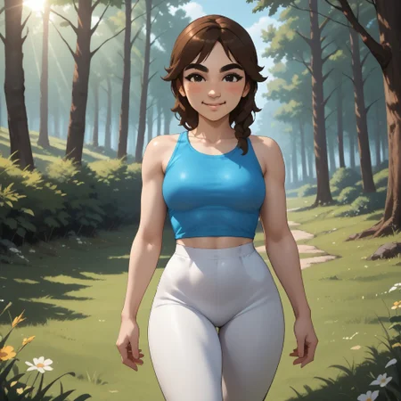 score_9, score_8, BREAK, solo, wii, mii, wii sports club, female mii, 1girl, cute, brown hair, black eyebrows, black eyes, blush, cyan clothing, white pants, shoes, breasts, Marit_(Wii_Sports), nintendo mii, modern_mii, classic_mii, sexy pose, smile, outdoors, sunlight, shadows, evening lighting, natural lighting, forest, trees, grass, orange sky, sunset