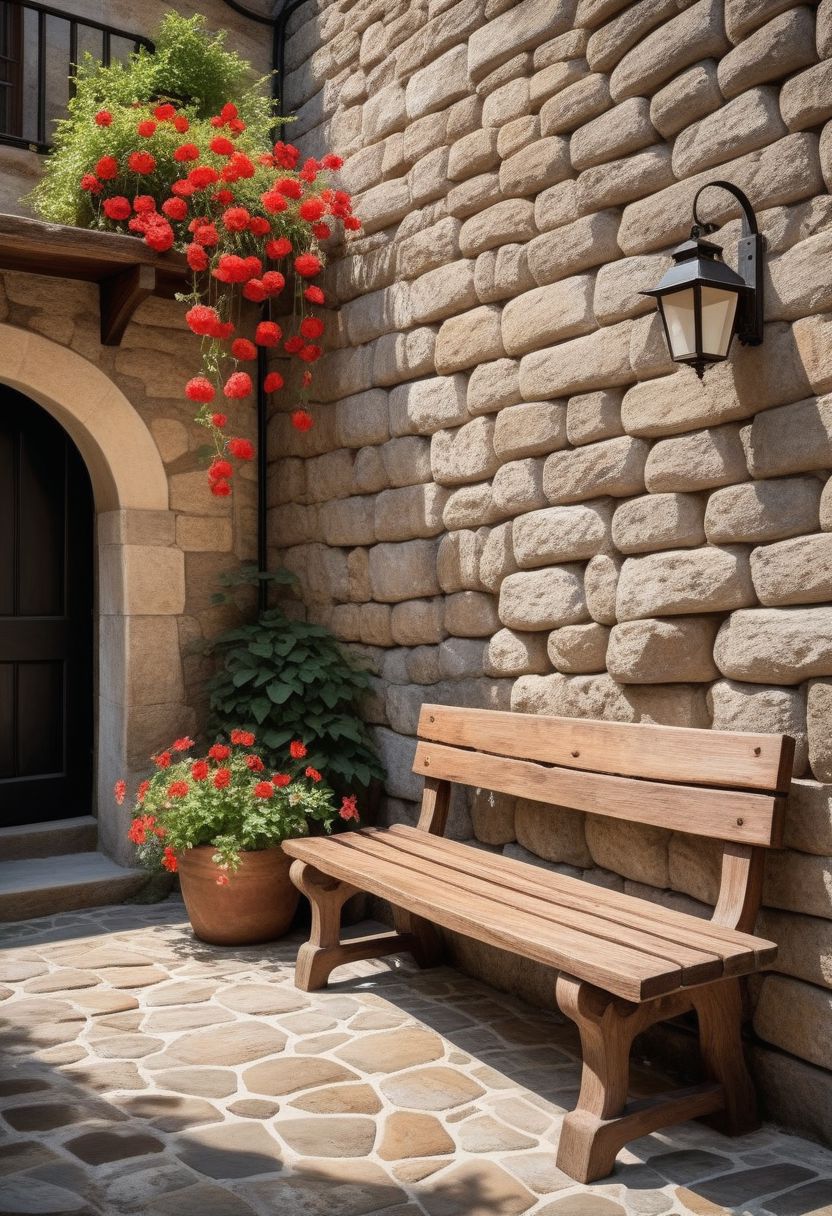 Create a captivating watercolor painting featuring a rustic wooden bench adorned with cascading red flowers, positioned against an ancient stone wall embellished with potted plants and lanterns. The rich textures of the weathered wood and aged stone are meticulously captured, evoking a sense of history and charm. The vibrant red flowers pop against the muted tones of the stone wall, adding a burst of color and life to the scene. Soft, delicate brushstrokes bring out the intricate details of the wooden bench and the rough, uneven surface of the stone wall, enhancing the overall texture and depth of the artwork. The play of light and shadow creates a sense of warmth and tranquility, inviting the viewer to step into this picturesque corner of a vintage European cobblestone street.
