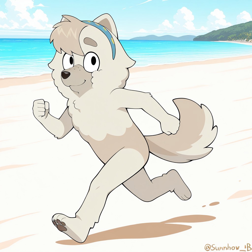 Judo(B), Solo, 1girl, anthro, female furry, dog girl, chow chow, white and gray fur, fluffy fur, bangs, fluffy tail, black eyes, freckles, blue and yellow hairband, full body, looking at viewer, running, smiling, beach setting, sunny,