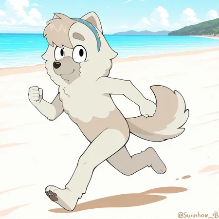Judo(B), Solo, 1girl, anthro, female furry, dog girl, chow chow, white and gray fur, fluffy fur, bangs, fluffy tail, black eyes, freckles, blue and yellow hairband, full body, looking at viewer, running, smiling, beach setting, sunny,