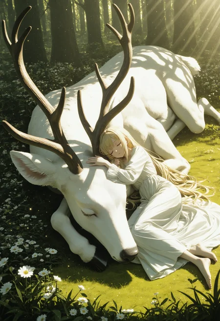 masterpiece,best quality,amazing quality,very aesthetic,absurdres,newest, 1girl, lying on animal, huge animal, lying on stomach, white dress, long dress, blonde hair, sleeping, closed eyes, white deer, solo, animal, forest glade, light rays, shades, light particles, grass, flowers, barefoot, 
<lora:illustrious_noobai_epsilon_pred_1_masterpieces_v1:1> masterpiece, very aesthetic, absurdres, <lora:spo_sdxl_10ep_4k-data_lora_webui:0.8>, <lora:NOOB_vp1_detailer_by_volnovik_v1:0.6>,