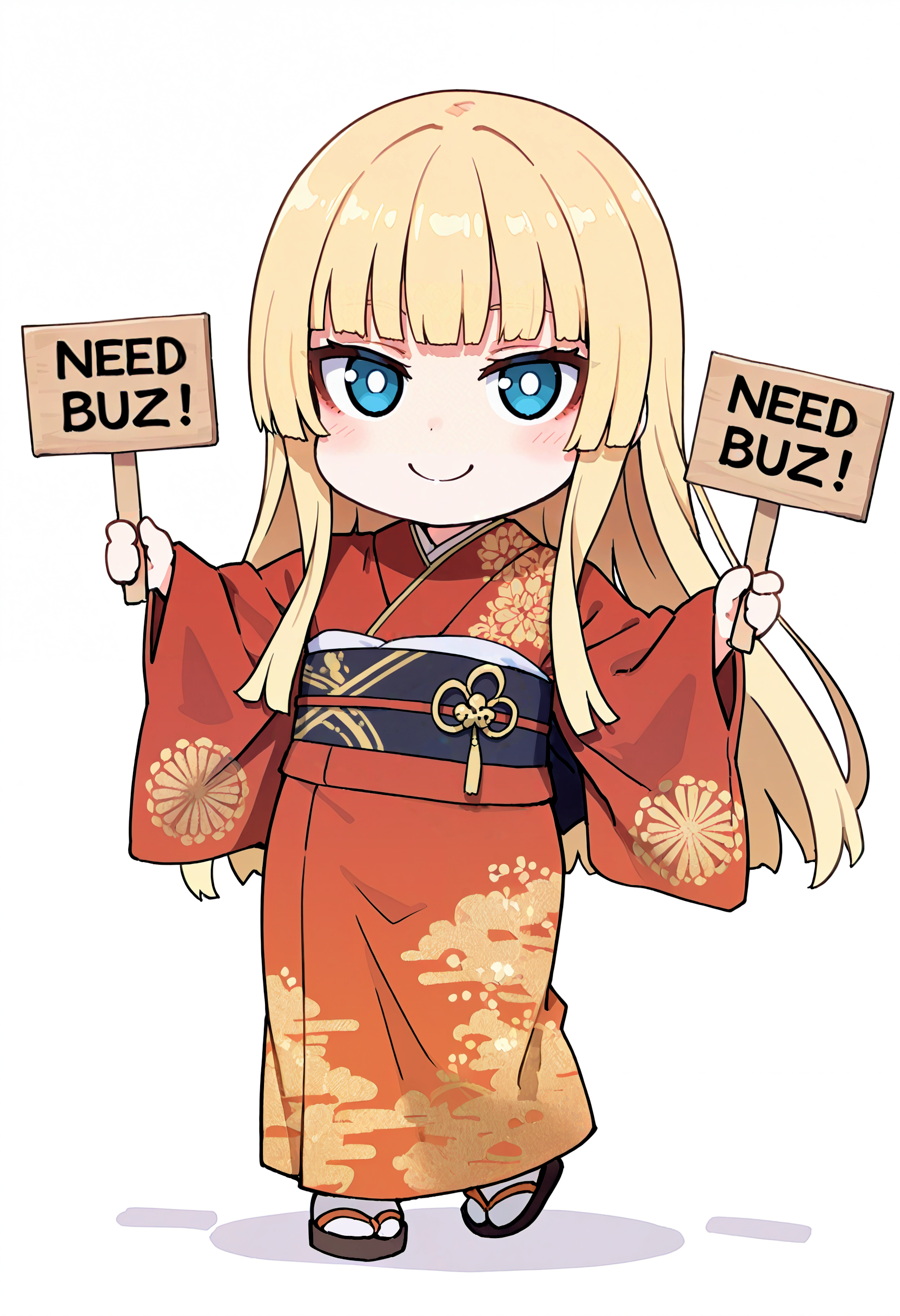 BREAK front view, dynamic pose, need buzz, holding sign, chibi, (((fumo:0.5))), puppy eyes, shy smile, looking at viewer, solo, femboy:0.2 blonde hair, very long hair, hime cut, red kimono with gold embroidery, full body, white background, artist: asanagi:1
