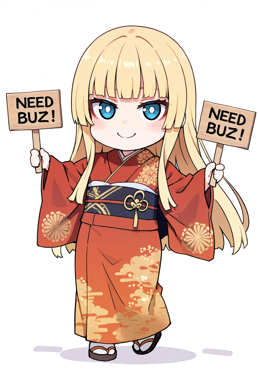 BREAK front view, dynamic pose, need buzz, holding sign, chibi, (((fumo:0.5))), puppy eyes, shy smile, looking at viewer, solo, femboy:0.2 blonde hair, very long hair, hime cut, red kimono with gold embroidery, full body, white background, artist: asanagi:1