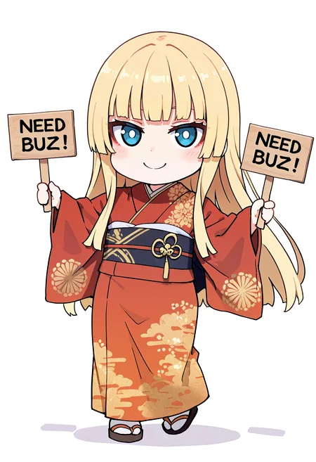 BREAK front view, dynamic pose, need buzz, holding sign, chibi, (((fumo:0.5))), puppy eyes, shy smile, looking at viewer, solo, femboy:0.2 blonde hair, very long hair, hime cut, red kimono with gold embroidery, full body, white background, artist: asanagi:1