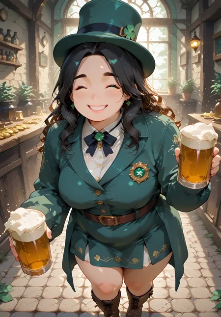 IllusP0s, PonyScores7, source_anime, ah1, IllustriousQual, interesting, exciting, spectacular, wonderful, amazing quality, absolutely eye-catching,
BREAK <lora:xl_more_art-full_v1:0.2>, <lora:aesthetic_anime_v1s:0.2>, <lora:EpicF4nta5yXL:0.2>, <lora:detailxl:0.2>, detailxl, <lora:Fant5yP0ny:0.2>, amazing quality, best aesthetic, absurdres, illustration, Volumetric_Lighting, ultra-detailed, very aesthetic, intricate details, best_quality, <lora:Add_Details_v1.2:0.4>, <lora:quality_modifiers_masterpieces_v1:0.2>, <lora:ZootPonyAnime_V1_r2:0.2>, <lora:Bestifacator2:0.2>,
BREAK ((Posing with one hand on the heart, eyes closed)),
BREAK Stable_Yogis_PDXL_Positives, AS-Adult, <lora:Complicated fantasy portrait - XL Pony V2.0:0.2>, bad-hands-5, <lora:HDA_Detailer:0.3>, <lora:natsumi_style:0.5>, <lora:by_usakun-pony:0.4>, by usakun, <lora:Akina_Bbw_Style_-_PonyXL:0.2>, AkinBw, ((glitch)),
BREAK 1girl, mature female, (curvy), round-chin, caucasian, <lora:ETO_OC_Illustrius:0.5>, eto_oc, skindentation, (plump), thick thighs, wide hips, busty, voluptuous, <lora:venus body PonyXL:0.3>, <lora:shinyskin2:0.2>, glistening skin, HDA_FatGirlXL, round ass, large breasts, <lora:plussizegirls_IL:0.3>, <lora:plussizegirls_pony:0.3>, <lora:perfection style:0.2>, perfection style, perfection,
BREAK ((<lora:ShamrockWorld_IXL:0.2>, shamrockworld, clover, four-leaf clover, cup, green theme, bow, holding pint of beer, jewelry, <lora:illustrious_Leprechaun:0.2>, illustrious Leprechaun, green hat, belt, brown footwear, green dress, top hat, buttons, gold coins, boots, green headwear, green coat)),
BREAK (curly hair), long hair, (black hair:1.4), (parted hair:1.7), messy hair, kinky curls, <lora:hairdetailpxl:0.2>, hairdetailpxl,
BREAK (half green and brown eyes), (colorful eyes), (multicolored eyes), (downturned eyes:1.4), expressive eyes, <lora:perfect-eyes:0.4> perfecteyes , EyesHD, (round face:1.2), (thick eyebrows:1.3), (plump face), <lora:Round_face:0.2>, lips, <lora:DetailedEyes_xl_bdsqlsz_V1:0.2>, <lora:Eyes_Lora_Pony_Perfect_eyes:0.2>, <lora:focusoneyes:0.2>, <lora:cinematic eye color style illustrious v1:0.2>,
BREAK ((happy expression, smiling at viewer)), <lora:Expressive_H:0.2>, Expressiveh, <lora:Emotional_Anime_Expressions_PonyXL_Concept:0.2>, emotional, <lora:Best_Facial_Expression_LoRA_PONY:0.2>, looking at viewer, <lora:Detailed expressive EXEV style -XL Pony V1.0:0.2>, FaceDetail, <lora:Best_Facial_Expression_Helper_XTREME_ILLU:0.4>, kaogei,
BREAK (((ireland, irish pub))), <lora:Background Detailer - SDXL:0.8>, 4k, 8k, Ultra HD, Masterpiece, Best quality, Detailed background, <lora:Add_more_details_V2_XLpony:0.2>, full_details, <lora:background-type1:0.2>,