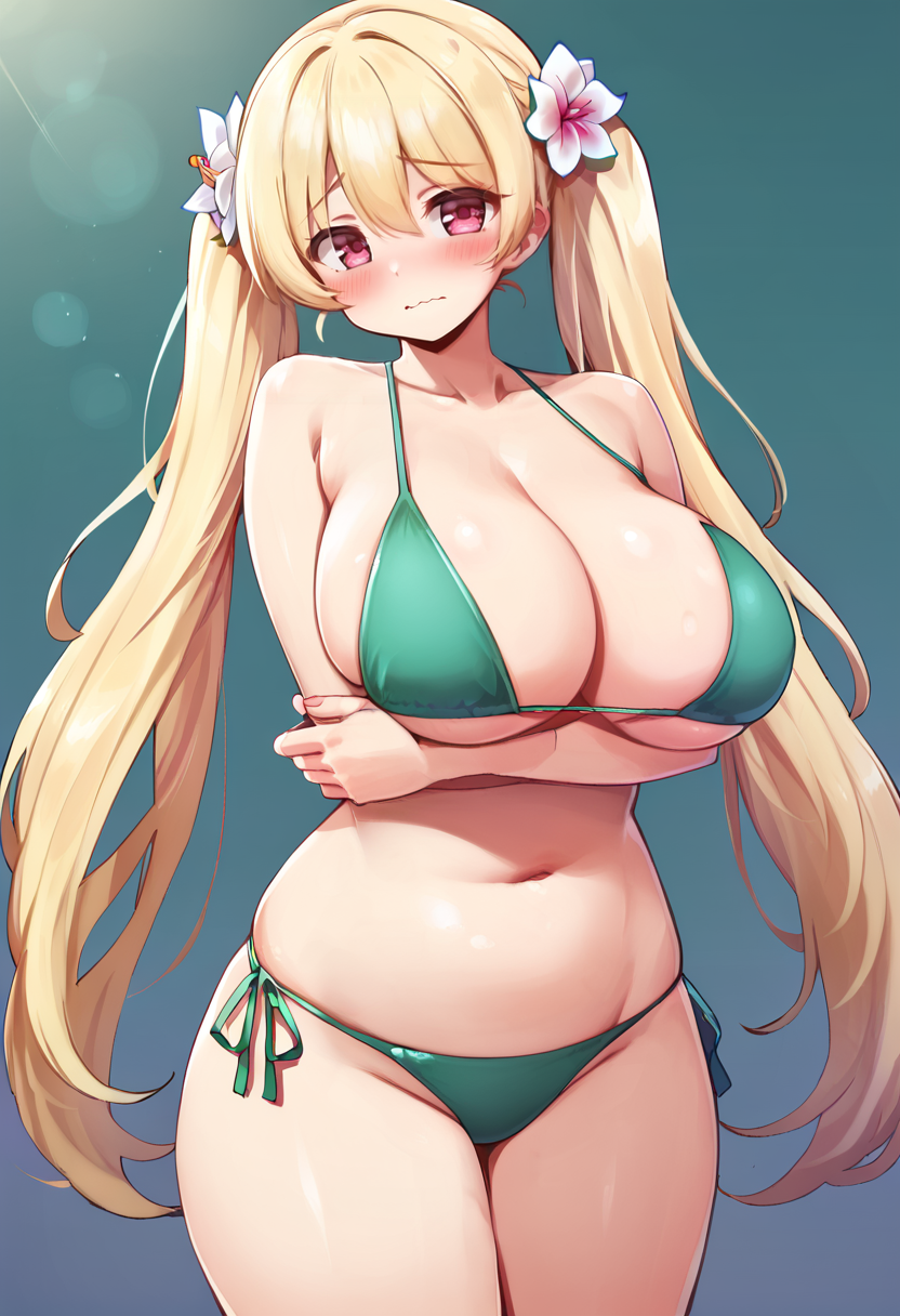 score_9, score_7_up,  1girl, 
solo, huge breasts, wide hips, thick thighs, thighs, blush, breasts, hair flower, collarbone, wavy mouth, curvy, cowboy shot, pink eyes, side-tie bikini bottom, plump, eyes visible through hair, swimsuit, hair between eyes, flower, twintails, crossed arms, groin, bikini, underboob, hair ornament, very long hair, green bikini, head tilt, navel, sideboob, skindentation, shiny skin, long hair, cleavage
 <lora:deadnoodles-Style-PonyXL-GLoRA-000049:1>