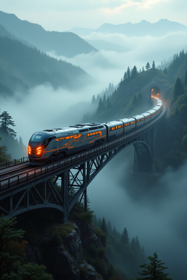"Render a lifelike image of a fictional rail vehicle traversing a real railway bridge suspended over a foggy valley. The railway bridge should be meticulously designed, featuring intricate rail lines, robust metal structures, and breathtaking surrounding scenery. The rail vehicle must showcase a unique and heavy-duty design, as if constructed from durable, high-tensile materials. The orange light should gleam from the vehicle's headlights and the bridge's ambient lighting, casting warm, inviting hues. A thick fog should envelop the valley, swirling around the rail vehicle and creating an atmosphere of mystery and grandeur."