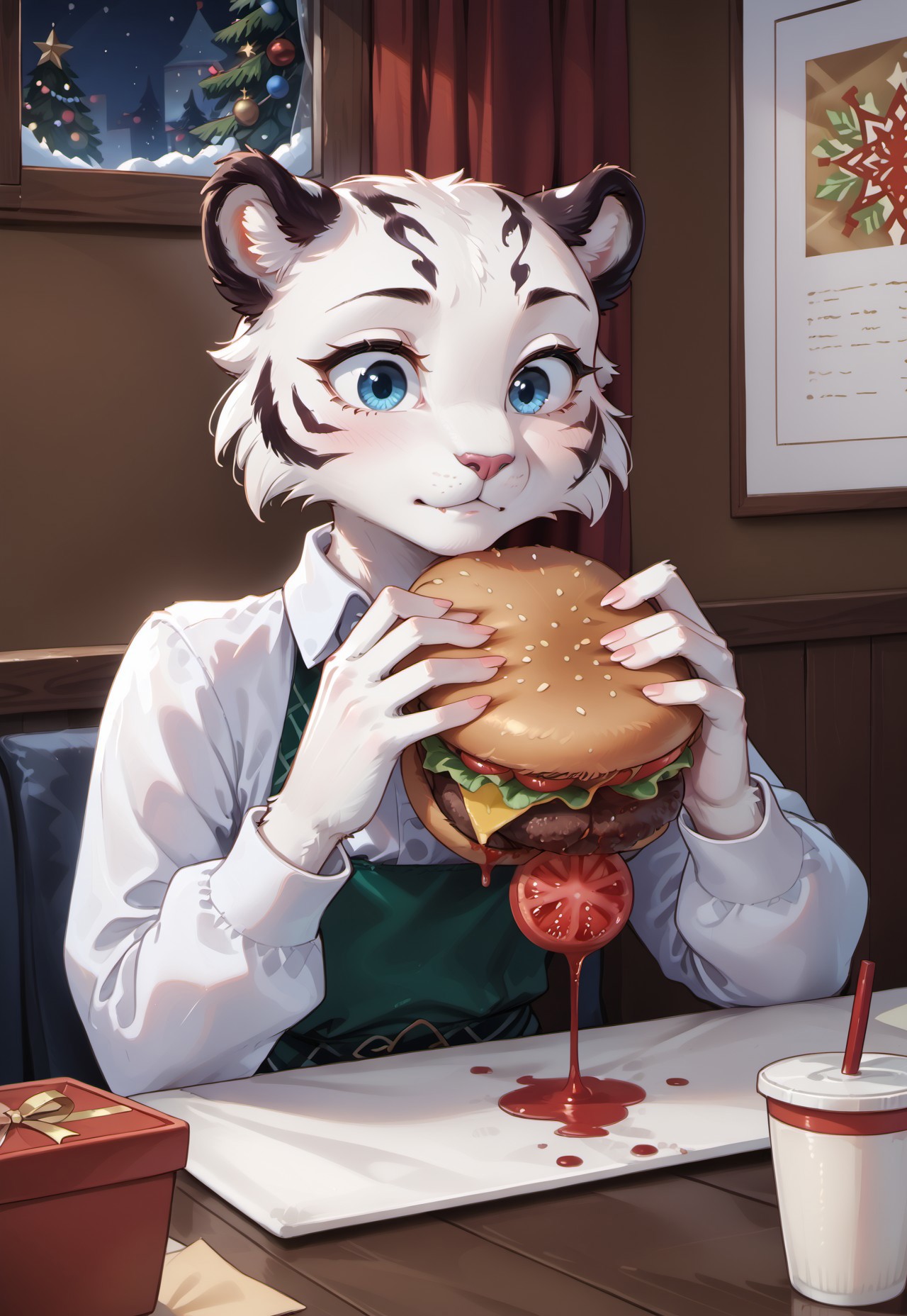 safe_pos, score_9, score_8_up, score_7_up, highres, high quality, perfection, masterpiece,
indoors, cafe, winter, christmas decorations,
1girl, solo, no humans,
furry female, (anthro white_tiger girl: 1.2), detailed fur, (white fur: 1.75), one-tone fur, tiger stripes, beautiful girl, cute girl, young adult, youthful, (bald girl, bald head, hairless, no hair), petite girl, detailed face, beautiful face, innocent face, eyelashes, perfect eyes, detailed eyes, blue eyes, small breasts, long tail, innocent face,
clothed, white shirt, untucked shirt,
sitting at table, across table,
eating, burger, looking ahead, upper body, burger malfunction, shocked, surprised, !, ketchup dripping,