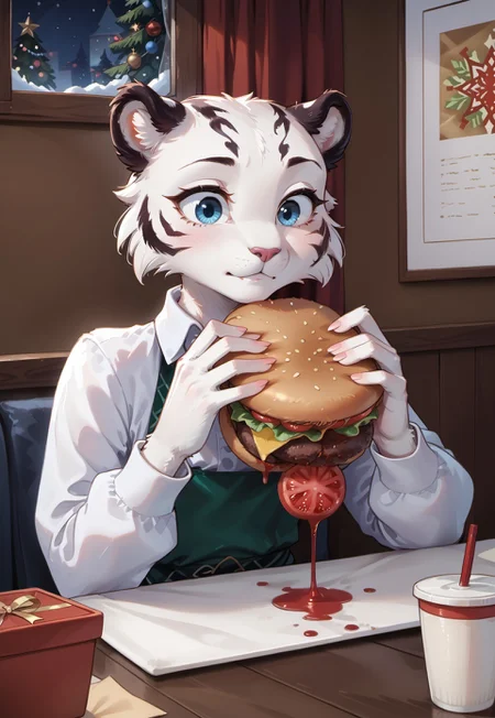 safe_pos, score_9, score_8_up, score_7_up, highres, high quality, perfection, masterpiece,
indoors, cafe, winter, christmas decorations,
1girl, solo, no humans,
furry female, (anthro white_tiger girl: 1.2), detailed fur, (white fur: 1.75), one-tone fur, tiger stripes, beautiful girl, cute girl, young adult, youthful, (bald girl, bald head, hairless, no hair), petite girl, detailed face, beautiful face, innocent face, eyelashes, perfect eyes, detailed eyes, blue eyes, small breasts, long tail, innocent face,
clothed, white shirt, untucked shirt,
sitting at table, across table,
eating, burger, looking ahead, upper body, burger malfunction, shocked, surprised, !, ketchup dripping,