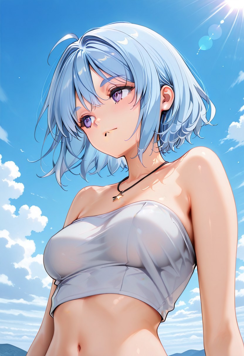 styledstyle, covered breasts, gray top, cloudy sky, eyes style, thin face style, shading style, lighting style, curly eyalashes, thick eyebrows, uncovered forearms,Clothed, (Blue jean short, gray navel shirt bare shoulders, necklace with a four-pointed yellow star), Kaeli Xyovka, french skyblue hair, curly hair, purple eyes, short hair, hair above 1 eye, light orange skin, small breasts, tall girl, greek nose, black eyebrows, black eyelashes, (atdan:0.8), (Anmi:0.95), (rurudo:0.75),
masterpiece, best quality, amazing quality, anime, illustration, ultra detailed, highres, 16K, very aesthetic, absurdres, newest,clear eyes, detailed face, newest,
sunlight, outdoors, detailed eyes, glossy hair, neat bangs, smooth shading, clean lineart, soft light, flat colors, fl4t,