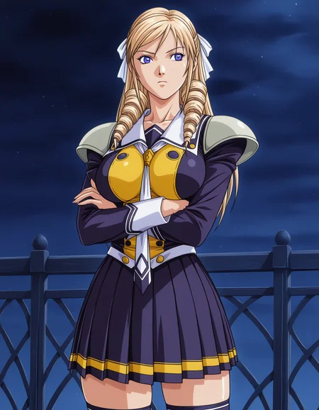 1girl, solo, morimoto leona, blonde hair, long hair, hair drills, hair ribbon, white ribbon, blue eyes, large breasts, Leona_SCL, school uniform, shoulder pads, long sleeves, pleated skirt, thighhighs, crossed arms, cowboy shot, night, dark theme <lora:morimoto_leona_ilxl_v1:0.7>