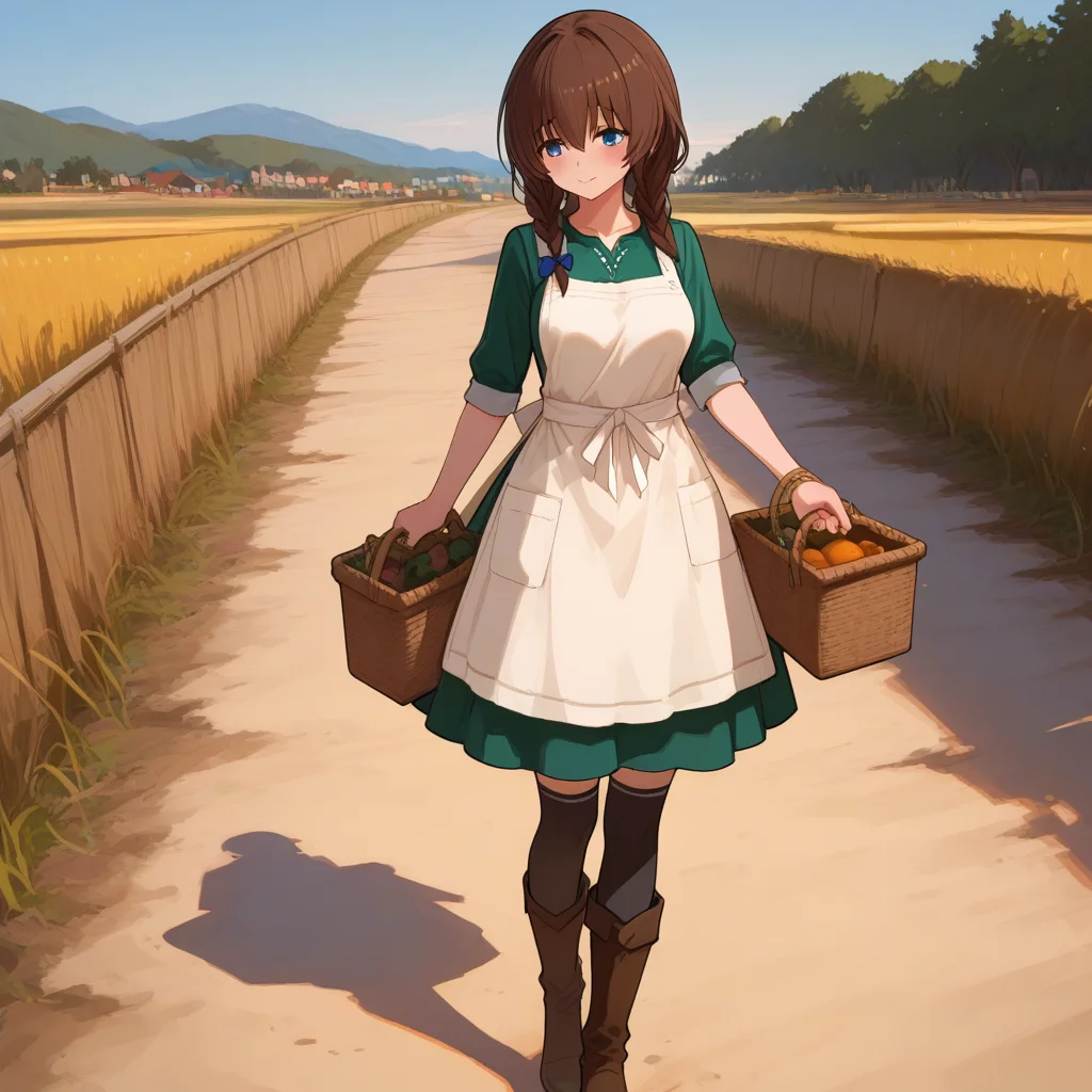 1girl, holding basket, walking on path, countryside, morning light, dirt road, warm tone, blue sky, braid, soft smile, gentle expression, peaceful atmosphere
<lora:HolyKnight_Ricca_Illustrious:0.9>,holy_ricca,braid,twin braid,long hair,breasts,blue eyes, brown hair,casual_ricca,dress,thighhighs,boots,apron,green dress,bow,brown footwear, masterpiece, best quality, amazing quality, newest, <lora:748cmSDXL:1>,748cmstyle