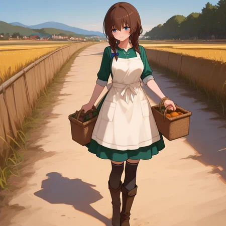 1girl, holding basket, walking on path, countryside, morning light, dirt road, warm tone, blue sky, braid, soft smile, gentle expression, peaceful atmosphere
<lora:HolyKnight_Ricca_Illustrious:0.9>,holy_ricca,braid,twin braid,long hair,breasts,blue eyes, brown hair,casual_ricca,dress,thighhighs,boots,apron,green dress,bow,brown footwear, masterpiece, best quality, amazing quality, newest, <lora:748cmSDXL:1>,748cmstyle