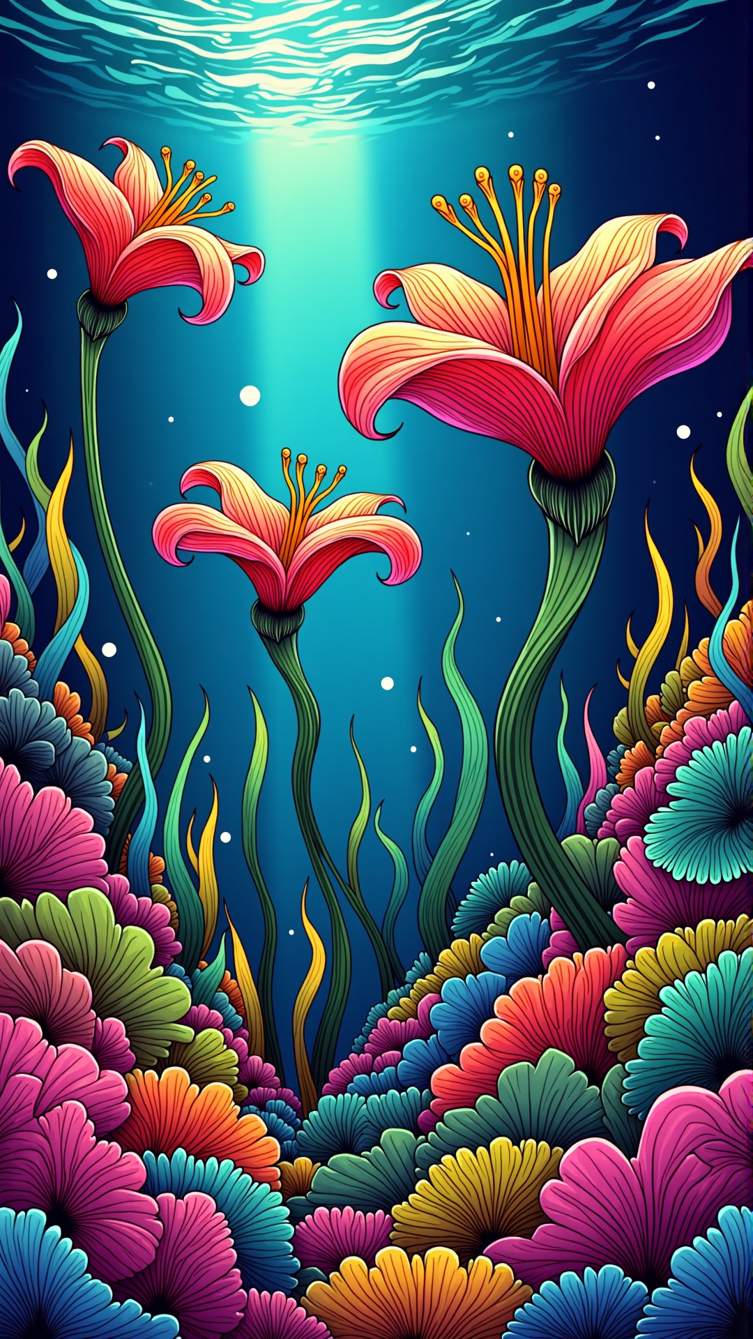 lineart, colorful, giant prehistoric sea lilies swaying in the current of an ancient sea<lora:NoctichromeFlux:0.75>