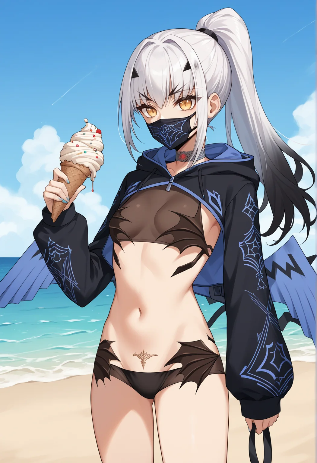 forked eyebrows, white hair, long hair, gradient hair, yellow eyes, v-shaped eyebrows, black bikini, demon tail, blue wings, ponytail, cropped jacket, holding ice cream cone, outdoors, beach, cowboy shot, mouth mask <lora:Melusine_pony_v3:1>, score_9, score_8_up, score_7_up, score_6_up, score_5_up, score_4_up, BREAK source_anime, masterpiece