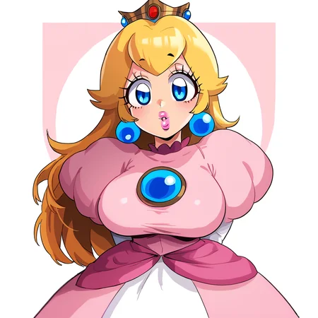 zPDXL3, score_9, score_8_up, score_7_up, <lora:SasatsengStyle:1>, (toon:0.8), solo, standing, arms behind back, upper body, (princess peach:0.6), 1 girl, huge breasts, slim waist, blond hair, bangs, blue eyes, lipstick, pink lips, mini crown, pink dress, blue jewel