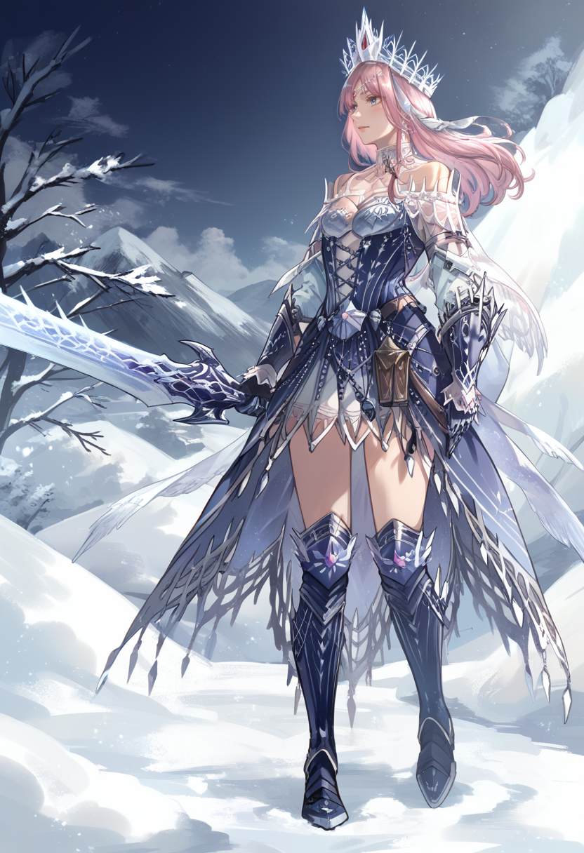 (score_9:0.9),score_8_up,score_7_up,rating_safe,anime style,(zPDXL),<lora:velkhana beta armor ponyXL v1.2:0.77>,velkhana armor,blue short dress,1girl,solo,long hair,blue gloves,holding weapon,blue thigh boots,holding,full body,pink hair,snow,standing,silver crown