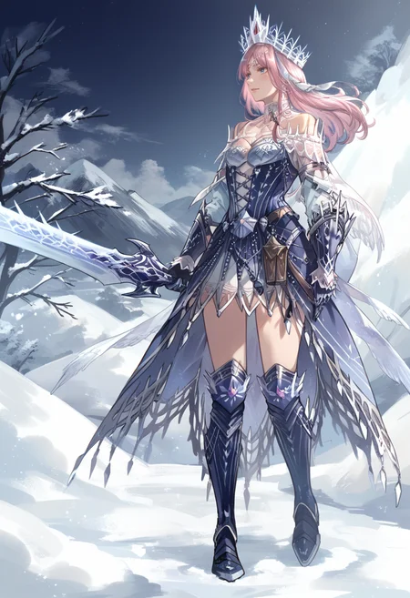(score_9:0.9),score_8_up,score_7_up,rating_safe,anime style,(zPDXL),<lora:velkhana beta armor ponyXL v1.2:0.77>,velkhana armor,blue short dress,1girl,solo,long hair,blue gloves,holding weapon,blue thigh boots,holding,full body,pink hair,snow,standing,silver crown