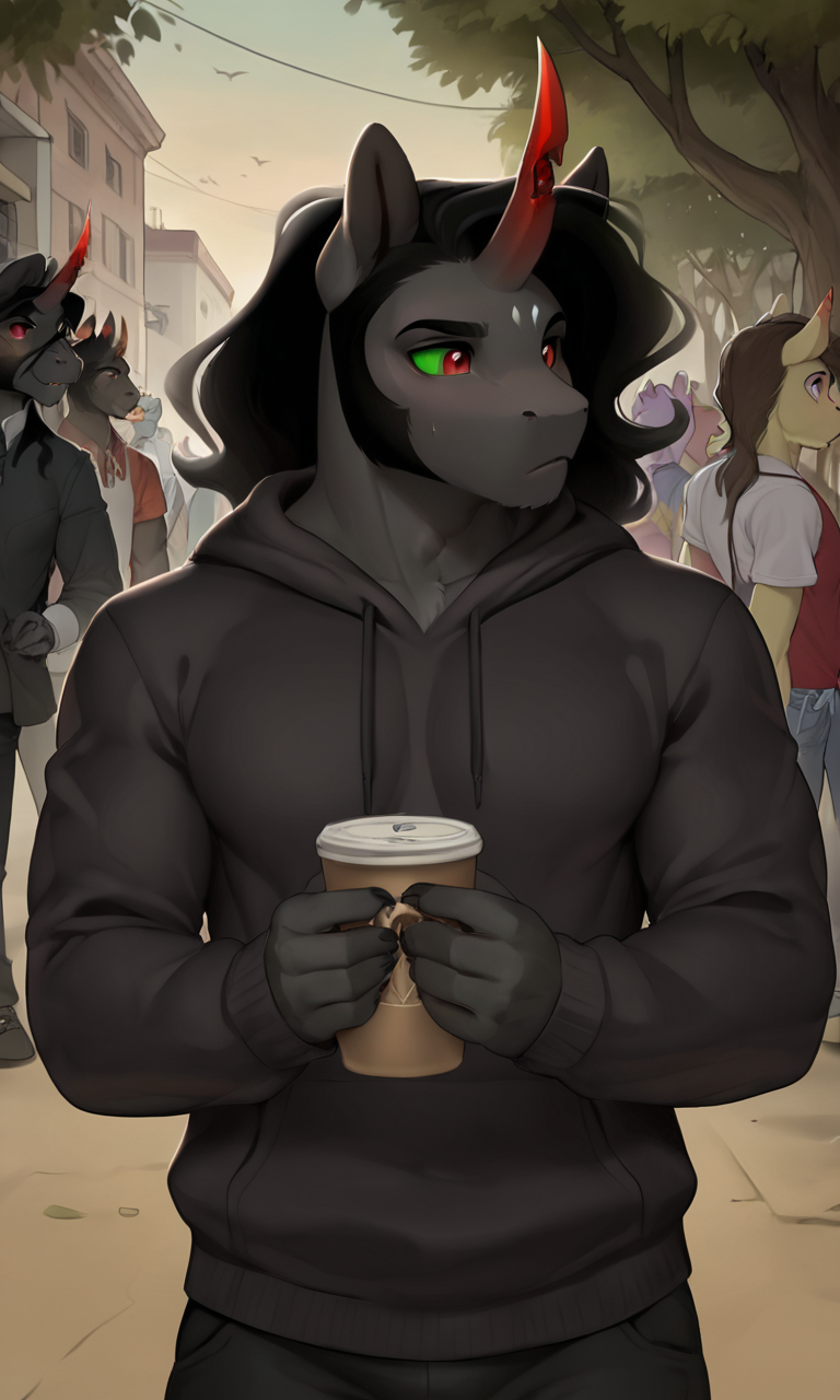 score_9, score_8_up, score_7_up, score_6_up, score_5_up, score_4_up, male, kingsombra, king sombra \(mlp\), (furry), red eyes, black hoodie, boy, handsome:1.2), (masterpiece, detailed eyes, detailed face, high quality, absurd res, kemono), (random background, crowded opensky citystreet, random face to camera, unconcerned, harmony scene, light space)
