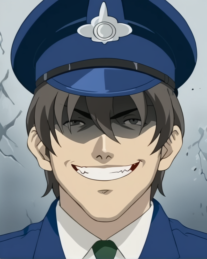 <lora:Kojin_Taxi_style_ForPony:1>1man, uniform, blue uniform, hat, shaded face, wicked smile, evil, teeth