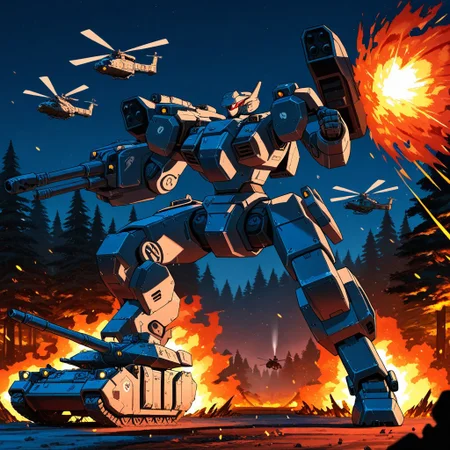 night-time, forest setting, city line in the distance, burning trees, small soldiers, masterpiece, best quality, amazing quality,  detailed background, embers, raging fires, mecha, mechwarrior style, Angular head, humanoid arms, heavily armored body, well proportioned body, smooth metal, holding a cannon in its hand, stomping on a tank and crushing it beneath the mechs foot, mono eye, glowing Green eye, black and red colored mech, front view, silhouette of mech, looming large, illuminated by fire, heavily armored humanoid legs, shoulder mounted missile pods on the mechs shoulders, large booster pack, wide legs, leg boosters, Detailed hands, Wrecked vehicles, destroyed tanks, helicopters flying in the air, mech focus, running while firing, artillery tanks firing overhead, aerial explosions, smaller soldiers running below the mech, bullets bouncing off the mechs chest