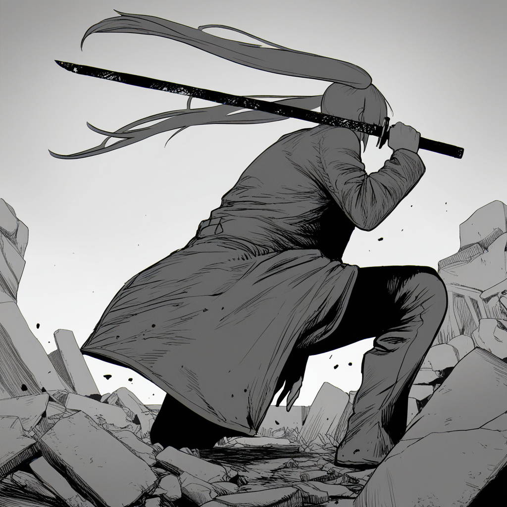 weapon,sword,1boy,male focus,coat,solo,rubble,squatting,hatching,pants,holding weapon,katana,holding,blood on weapon,holding sword,debris,crack,long coat,trench coat,fighting stance,blood,long sleeves,on one knee,1girl,long hair,
ftstyle,monochrome,greyscale,masterpiece,best quality,amazing quality,very aesthetic,highres,absurdres,<lora:ftstyle-noob11-v3-000007:1>,hatsune miku,twintails,
