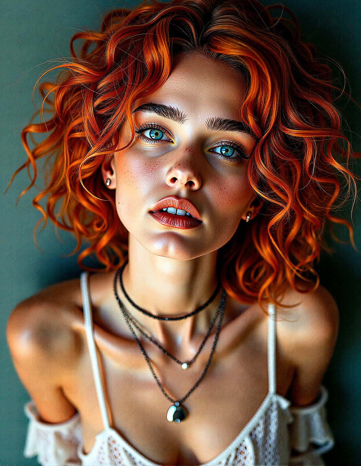 An upper body image of a beautiful lady with curly orange hair, aqua eyes, and bold eyeliner. She has thick eyebrows and long eyelashes, and her lips are shiny and full. She wears a necklace jewelry,  and a helix piercing. The extreme realism focuses on her detailed skin, showing fine textures and natural highlights.

The background is A complex web of intersecting lines in different colors and thicknesses.Dots arranged in a grid or random patterns, with varying sizes and densities.


Subtle skin pores and natural texture on the face and neck, Realistic light reflections on the surface of the eyes, Slightly raised veins visible under the skin on the neck, Subtle veins visible on the eyelids under certain lighting, Realistic reflection of light on the glossy lips, following their curvature, Soft reflections on the necklace, enhancing its metallic look

Leaning forward, her hands on her knees, peering down at something interesting on the ground





 









































