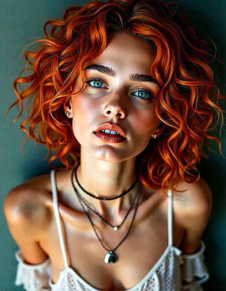 An upper body image of a beautiful lady with curly orange hair, aqua eyes, and bold eyeliner. She has thick eyebrows and long eyelashes, and her lips are shiny and full. She wears a necklace jewelry,  and a helix piercing. The extreme realism focuses on her detailed skin, showing fine textures and natural highlights.

The background is A complex web of intersecting lines in different colors and thicknesses.Dots arranged in a grid or random patterns, with varying sizes and densities.


Subtle skin pores and natural texture on the face and neck, Realistic light reflections on the surface of the eyes, Slightly raised veins visible under the skin on the neck, Subtle veins visible on the eyelids under certain lighting, Realistic reflection of light on the glossy lips, following their curvature, Soft reflections on the necklace, enhancing its metallic look

Leaning forward, her hands on her knees, peering down at something interesting on the ground





 









































