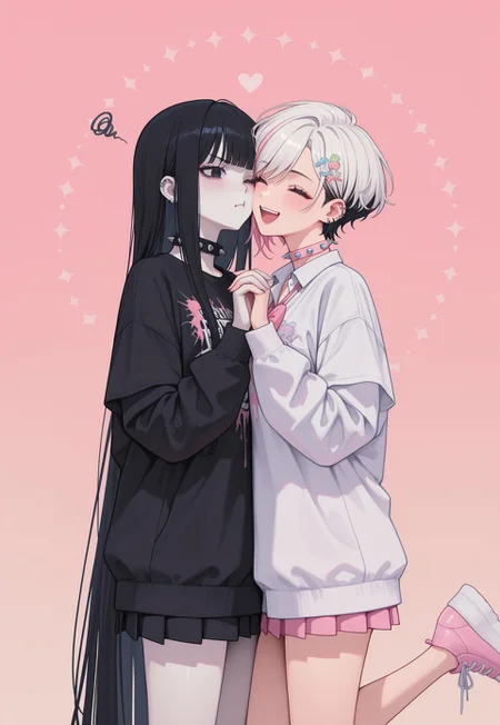 RS-Illu, 
symmetrical_pose, 2girls, holding hand, [cowboy shot, cheek press], foot up, split theme, safe,
flowing hair, absurdly long hair, pixie cut, straight hair,
yami_kawaii, pastel clothes, black hair, pale skin,
punk, spiked collar, light hair, white clothes, gyaru,
gradient background, cute decora background,
different expressions, grumpy, laughing, symbol, heart, squiggle,
masterpiece, absurdres, newest, [dynamic pose]