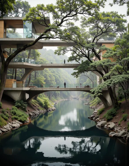 Futura. A photo-realistic shoot from a bird's eye view about a futuristic tree-laced bridge over a calm river in a dense forest. the image also shows a serene, misty atmosphere. on the middle of the image, a man stands on the edge of the bridge, looking out over the calm river. the bridge is made of concrete and has multiple levels, each with a glass railing and wooden balconies. the man is facing away from the viewer, with a contemplative expression on his face. the river below is calm and still, reflecting the surrounding greenery and trees, creating a sense of serenity and tranquility. the background is filled with dense trees and mist, adding to the serene atmosphere of the scene. the lighting is soft and diffused, casting gentle shadows on the water's surface. the overall mood is peaceful and contemplative, inviting the viewer to step into the unknown. <lora:Futura-000005:0.9> <lora:Another_Earth:0.6> <lora:Fluxartis_Photography:0.6> <lora:Synesthesia:0.4>