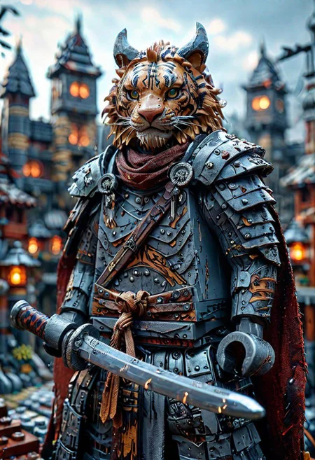 Close up shot of a armored Ninja tiger Lego warrior, Holding katana, wearing torned linen clothes and a used weathered old armor beneath, DARK feudal city background, Lknight, HD, masterpiece, best quality, hyper detailed, ultra detailed, super realistic
