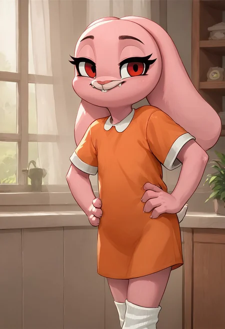<lora:anais_watterson_v1:0.9>, score_9, score_8_up, score_7_up, rating_questionable, source_cartoon, solo, anais gumball, young anthro, rabbit, pink fur, red eyes, orange shirt, white knee-high socks, standing, looking at viewer, hands on hips, detailed background, inside, house, three-quarter portrait
