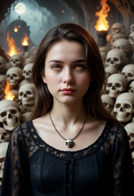1girl, black dress, cowboy shot, dynamic view, no pattern dress, Hd, high quality, ultra realistic, detailed, slimes_skullwm, made of skulls, spooky skull background, light smile, PG, no teeth, portrait, looking afar, stoic, brunette, beautiful, necklace, fire in skull eyes,